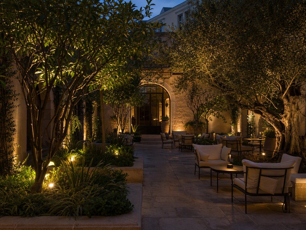 Courtyard in the evening under warm low lighting