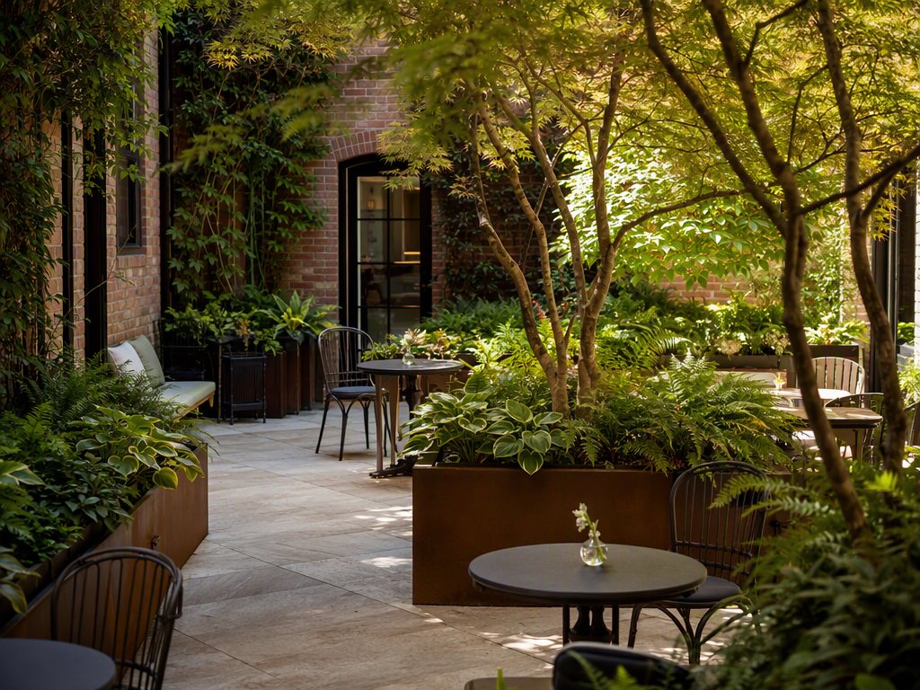 Limestone courtyard with corten planters and a multi-stem maple