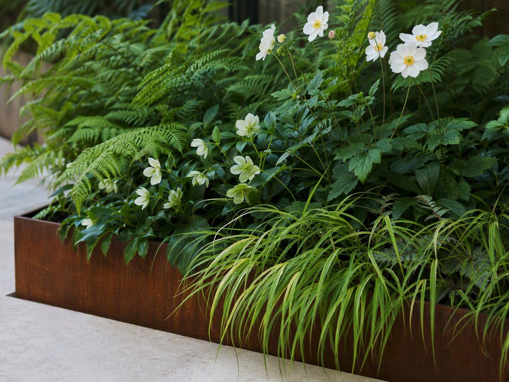 Ferns, hakonechloa and white anemones beside a corten planter