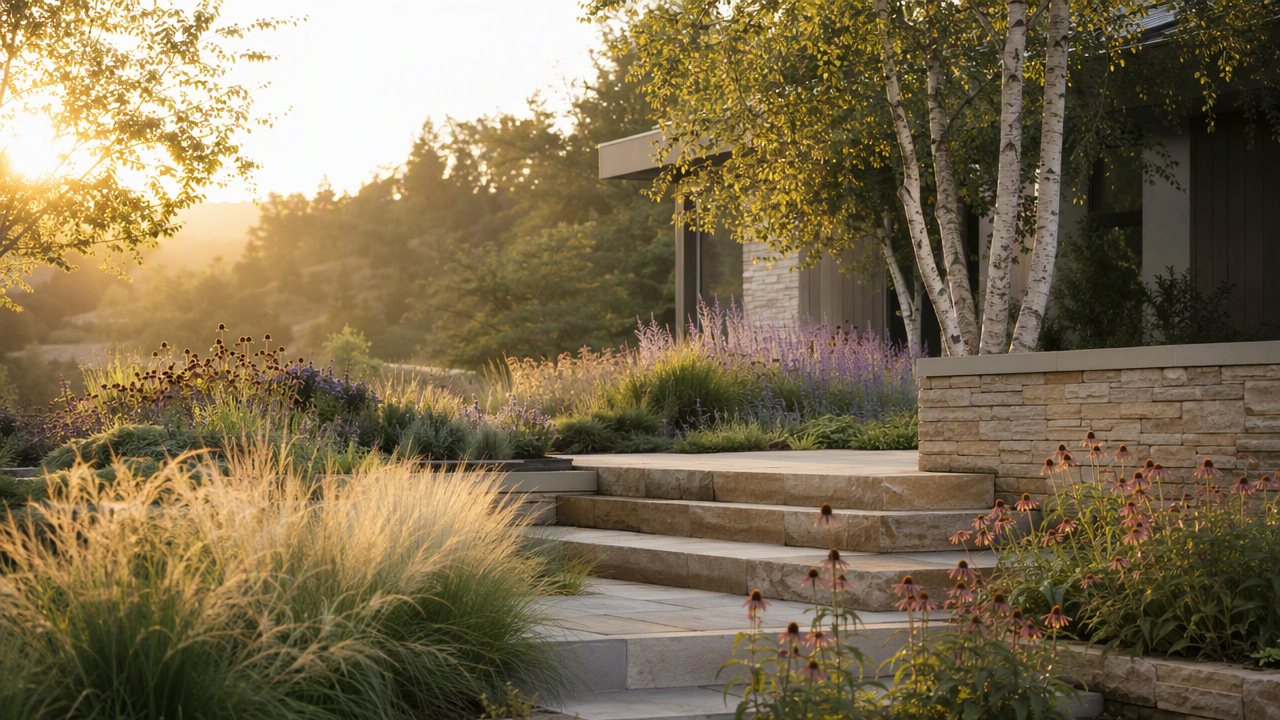 Limestone terrace steps between drifts of grasses and salvia at golden hour