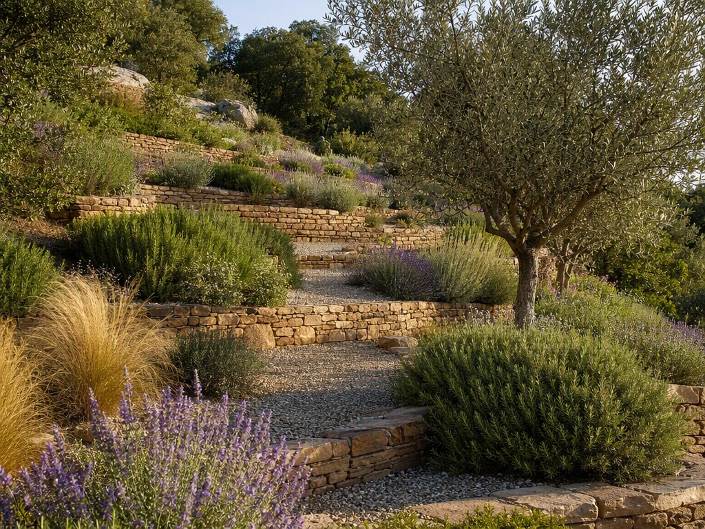 Dry-stone terraces stepping down the slope with lavender and grasses