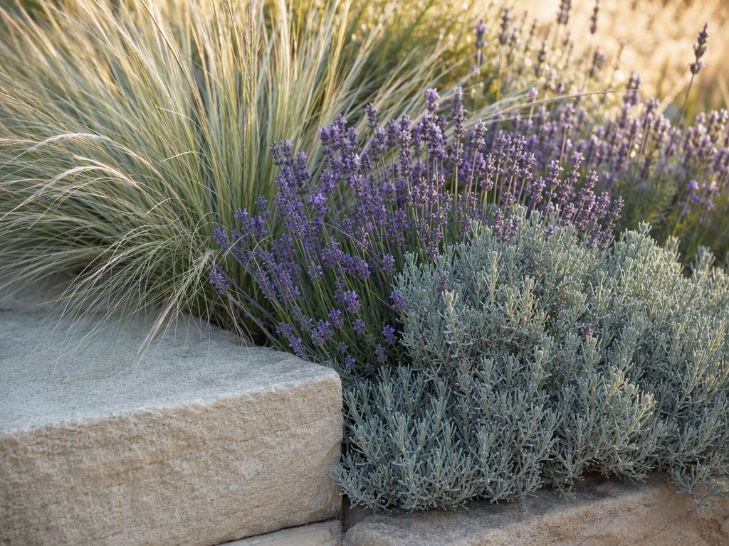 Stipa, lavender and santolina spilling over a sandstone step