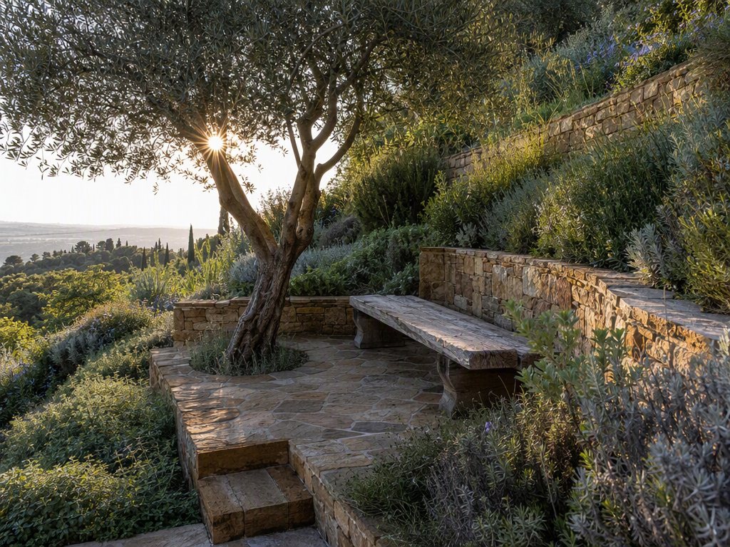Stone seating terrace with timber bench beneath an olive tree