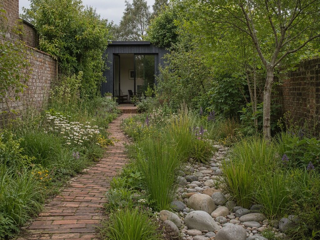 Narrow back garden with meadow planting and a stone-lined rain garden swale