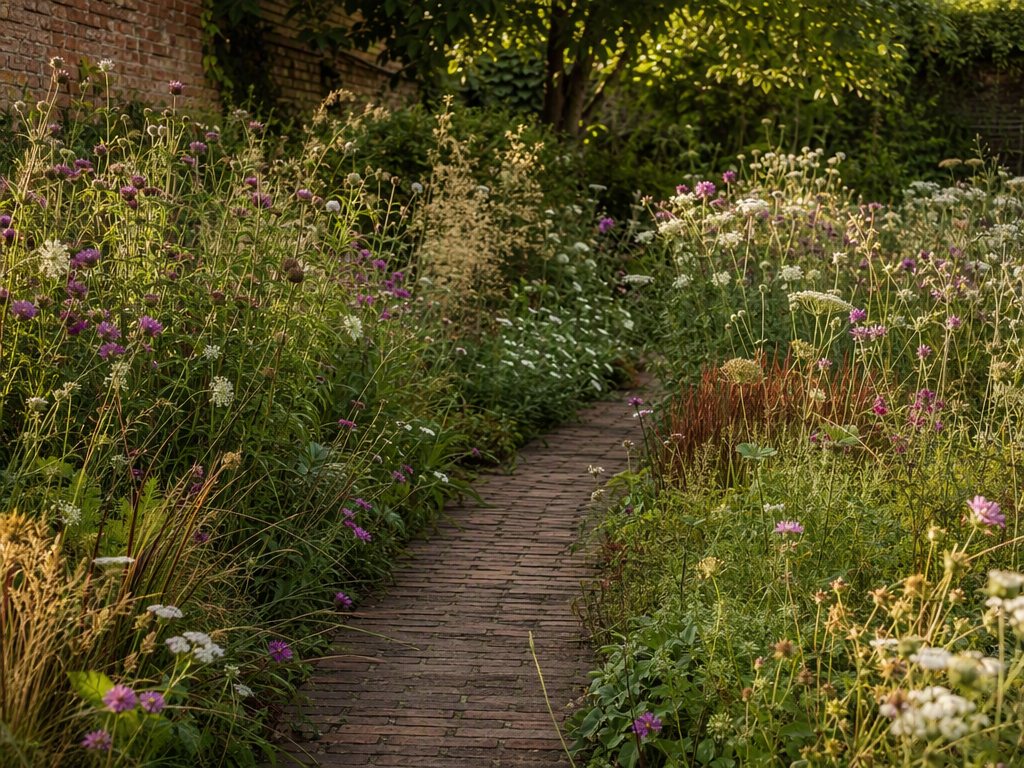 Reclaimed brick path through knautia, achillea and grasses