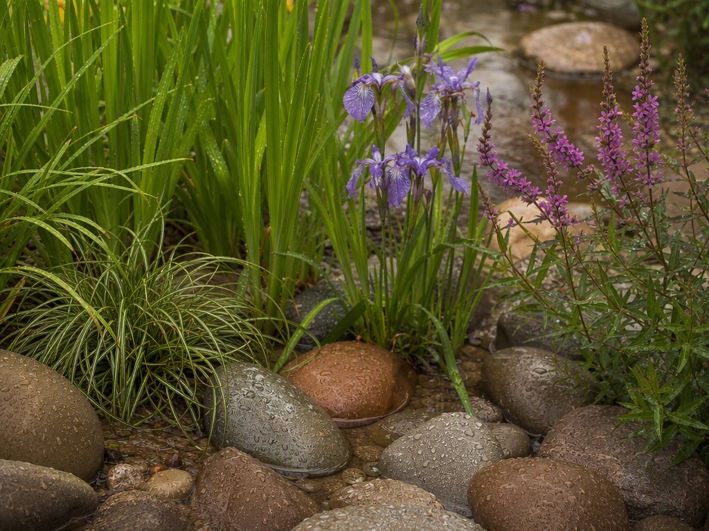 River stones in a swale with iris and carex after rain