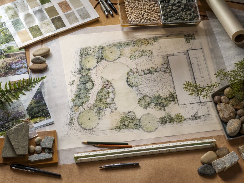 Drafting table with a hand-drawn garden plan, stone samples and planting swatches